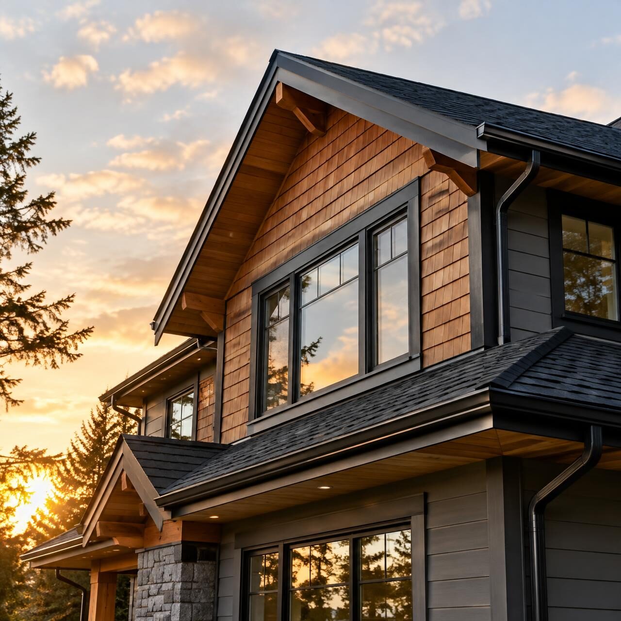 Well-maintained West Coast home roofline at sunset